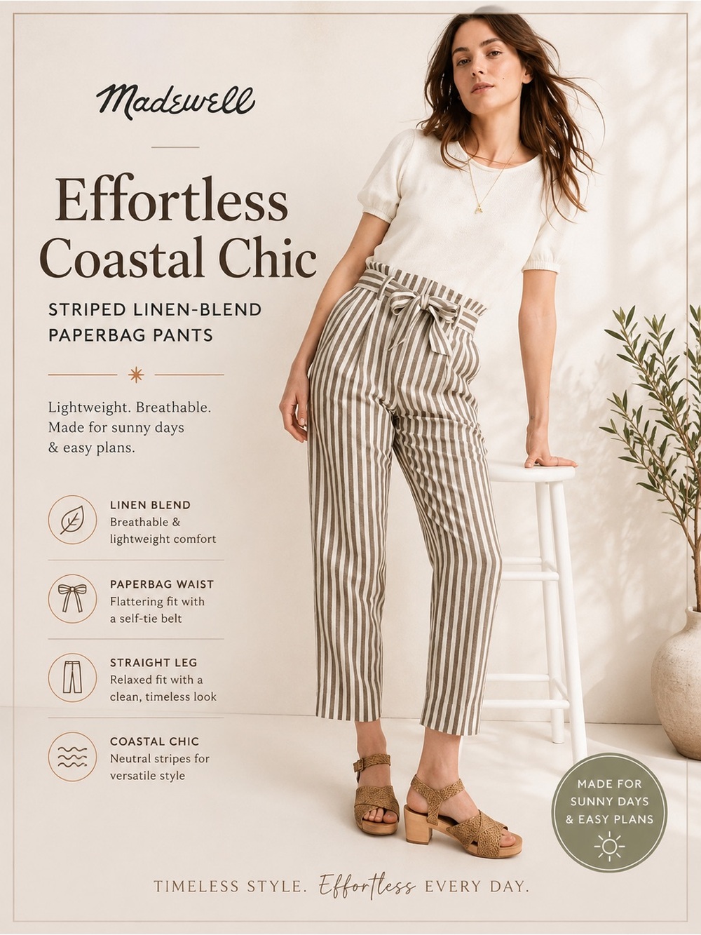 Madewell Striped Linen Blend Paperbag Waist Pants Soze‎ 8 Coastal Chic